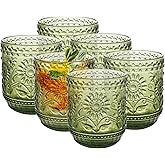 Topsky Vintage Drinking Glass Set of 6,12 oz Embossed Floral Decorative Glassware Set,Glass Cups Wine Glasses Beverages Tumblers Colored Glassware for Whisky,Beer,Juice,Cocktail,Heavy Duty