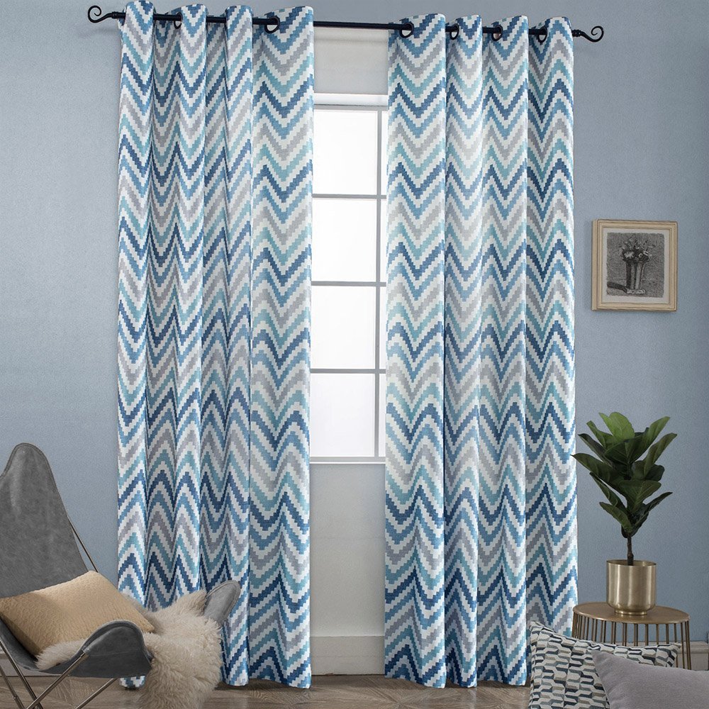 Melodieux Chevron Grommet Top Window Curtains for Living Room, 52 by 96 Inch, Blue (1 Panel) — image 1