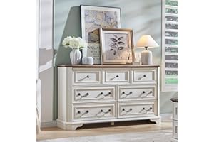 T4TREAM Farmhouse 7 Drawers Dresser for Bedroom, 54" Wide Wood Rustic Chest of Drawers with Natural Texture, Vintage Design, Storage Dressers Organizer for Bedroom, Living Room, Hallway, Antique White
