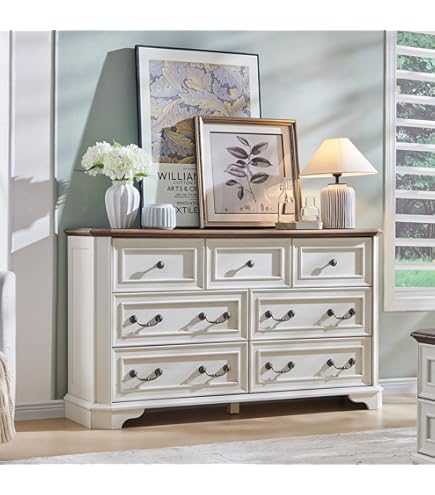 BLANKSPACE Antique White Dresser for Bedroom, Farmhouse 7 Chest of Drawers Cabinet Organizer with Carved Design : Home & Kitchen
