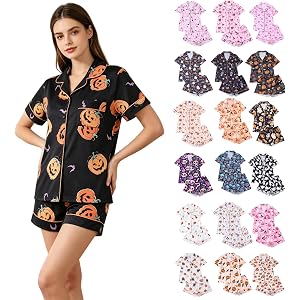 Halloween Pajamas Women Button Short Sleeve Tops Matching Cute Shorts Fall Pjs Sets 2026 Funny Ghost Pumpkin Print Costumes