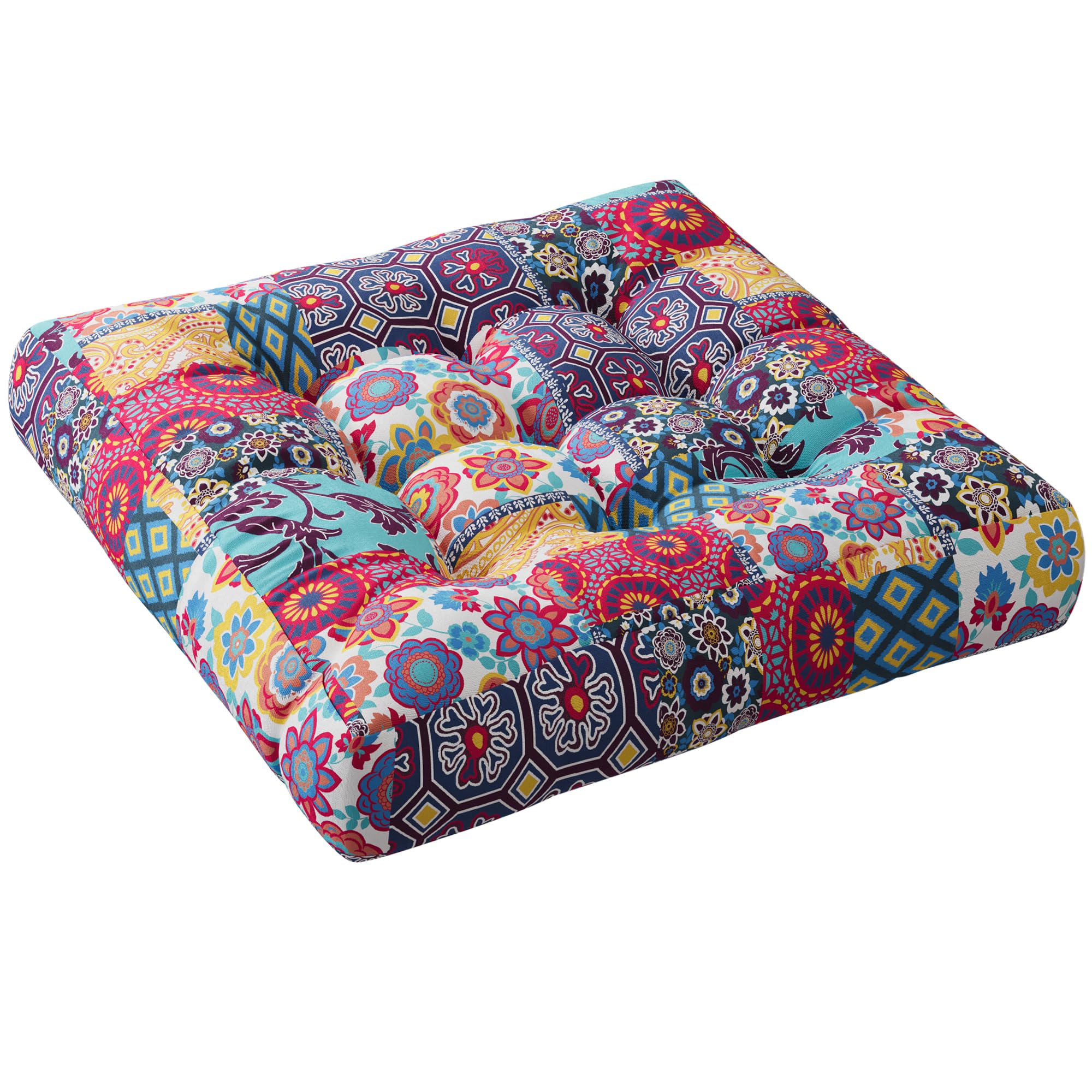 Boho Floor Pillow, Large Meditation Cushion for Adults, Square Pillows Seating for Yoga Living Room Tatami Sitting Home Decor, Memory Foam Added, 22x22 Inch, Multi Patchwork