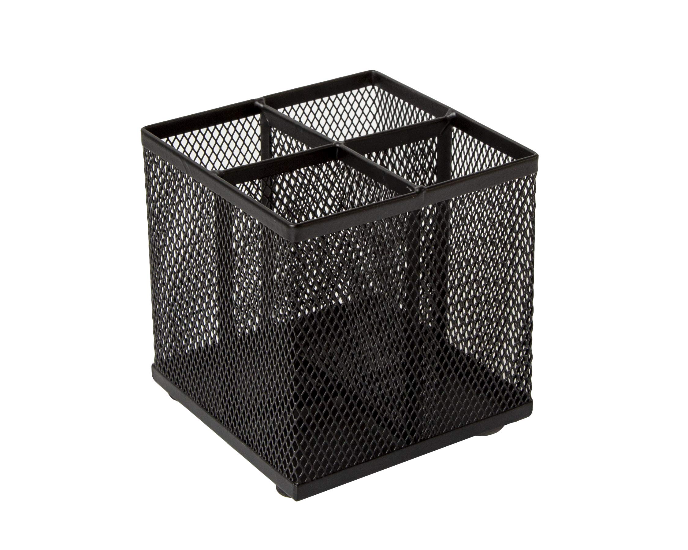 OSCO Black Wiremesh Square Pen Pot, 4 Sections Pencil Holder, Desk Tidy Office Organiser, Makeup Brush Holder Cosmetics Display, Metal Mesh Organiser, H10.5 x W10 x D10 cm, Single, Black