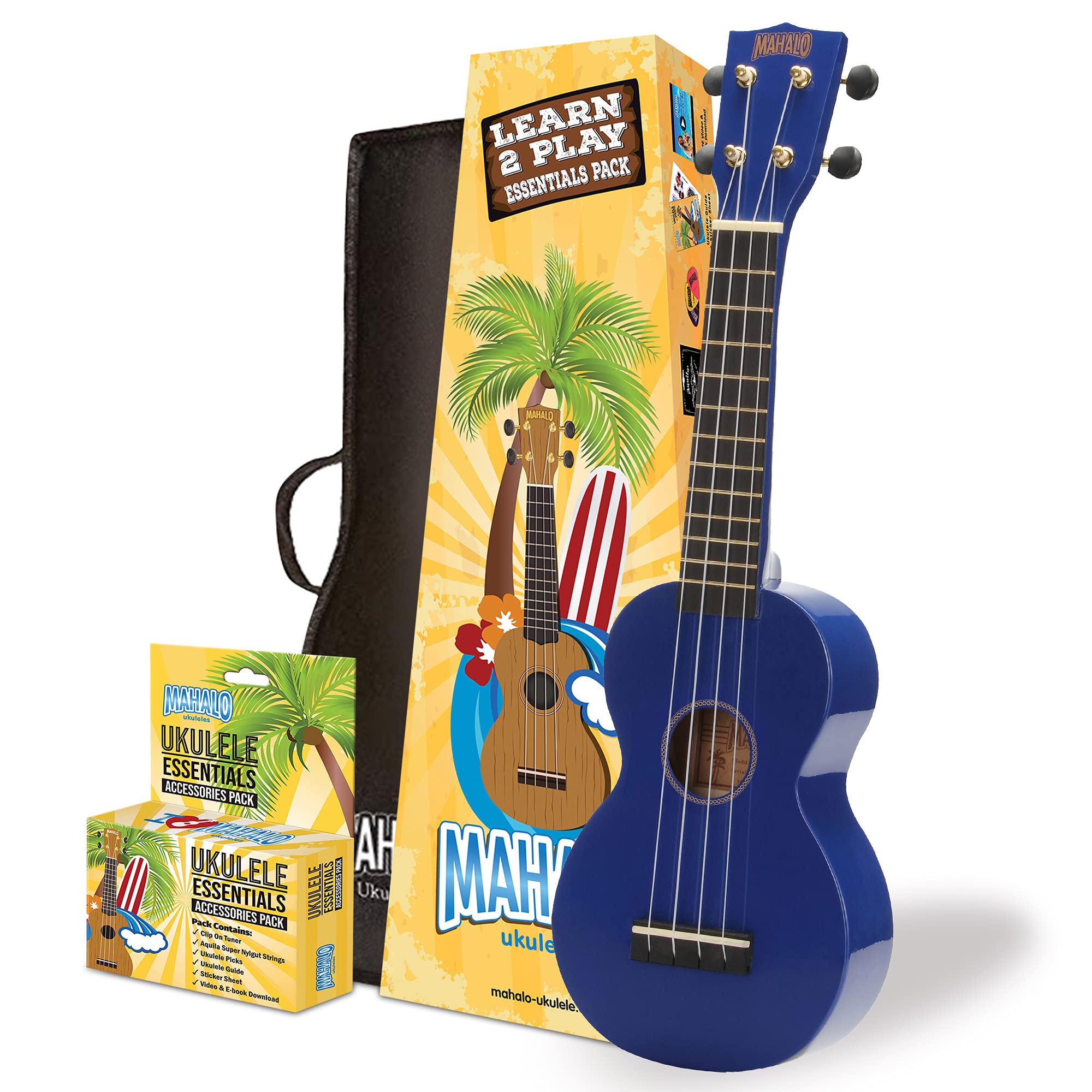 Mahalo Rainbow Soprano Ukulele Beginners Kit - Ukulele for Kids & Adults with Guide, Carry Case, Clip-on Tuner, Spare String Set & Picks, Learn 2 Play' Instruments Bundle, Blue