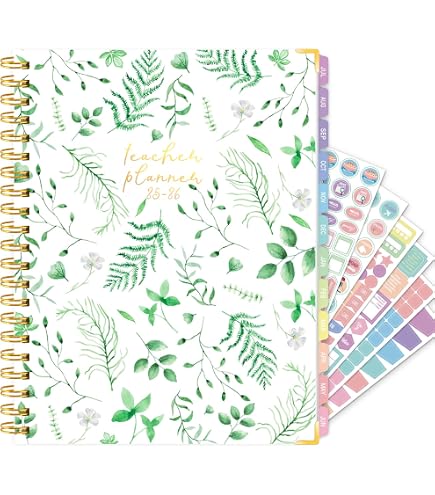 Fuyoooo Eucalyptus Teacher Planner Undated Academic Year Teacher Lesson Planner Book Green Plants Daily Weekly Monthly Spiral Planner Checklist Organizer With Stickers For Classroom, 8.5'' X 11
