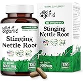 Wild & Organic Stinging Nettle Root Capsules 5000 mg - Urinary Support Supplement for Men & Women - 10:1 Stinging Nettle Root Extract - 120 Vegan Capsules - 120 Days Supply - Gluten-Free, No Fillers