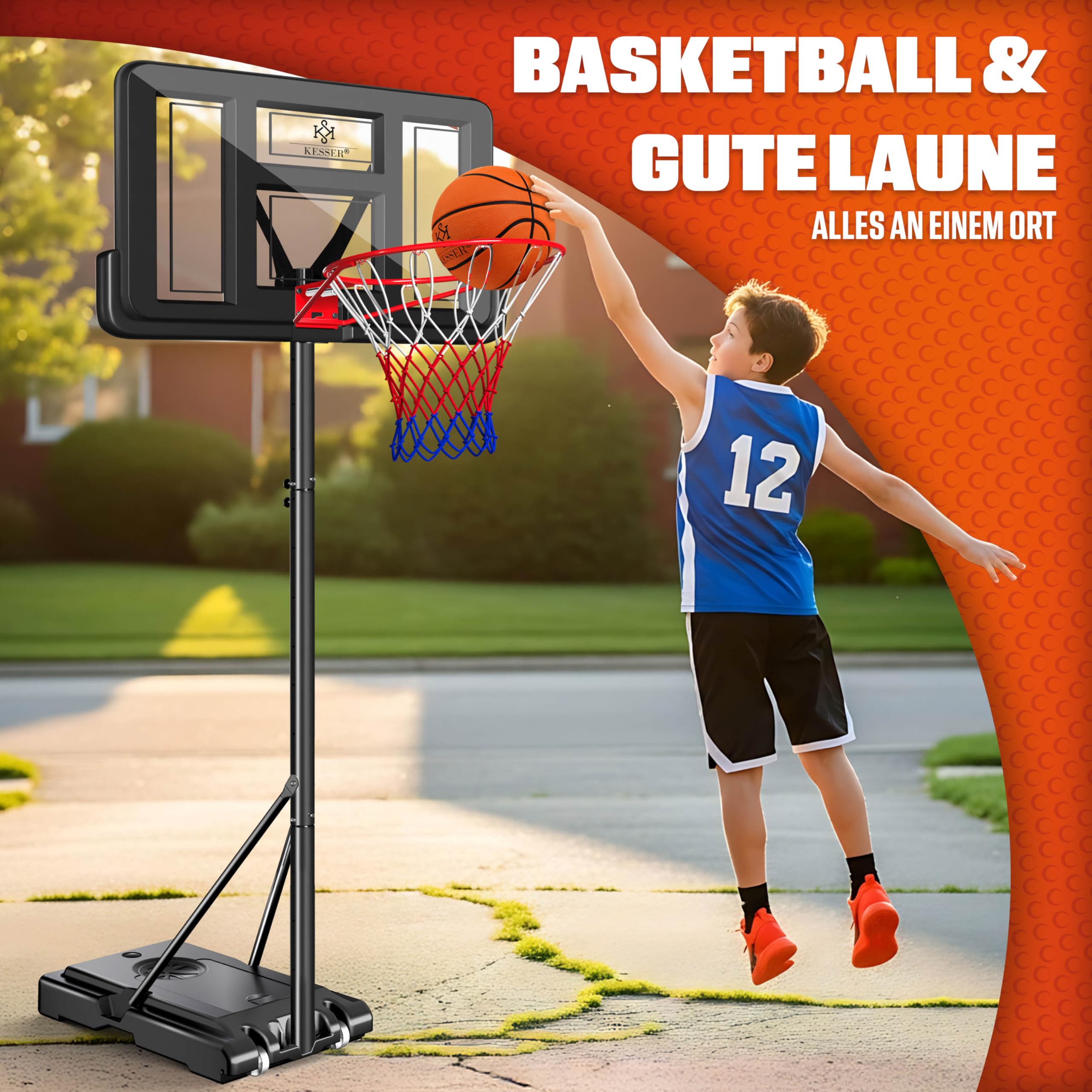 KESSER® Basketballkorb Set höhenverstellbar 160-210cm Mobiler Basketballständer mit Rollen, Backboard, Basketball, Pumpe & 2 Netzen - Indoor & Outdoor Basketballanlage für Kinder & Erwachsene Schwarz 8