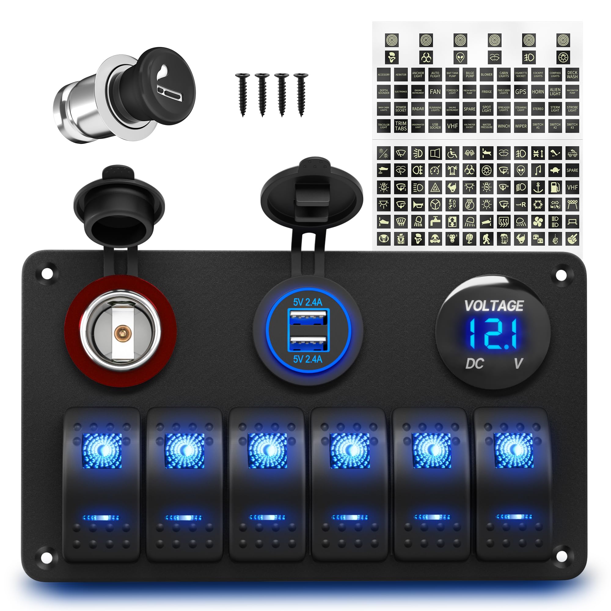 Photo 1 of RVBOATPAT 6 Gang Marine Switch Panel Boat Switch Panel Waterproof 12V Rocker Switch Panel Blue LED Lighted with USB Cigarette Lighter Socket Voltmeter