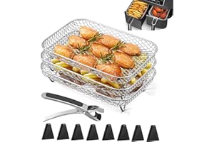 Air Fryer Rack with 3 Layers,304 Stainless Steel Mesh Baskets，Multi Layer Dehydrator Rack, Includes Clip and 8 Silicone Feet,