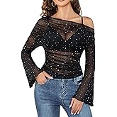 Avidlove Mesh Top for Women Long Sleeve Off The Shoulder Tops Sexy Clubwear Outfits Rhinestone Shirts S-XXL