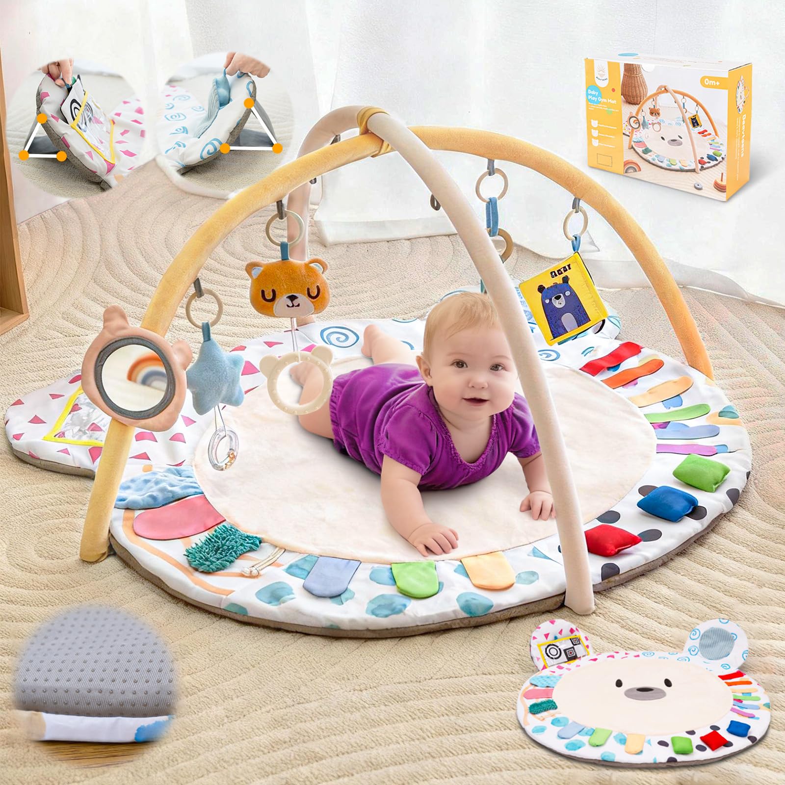 Photo 1 of Beavtaens Baby Play Gym, Thickened and Non Slip Activity Mat, 5 Developmental Zones Tummy Time Mat with 5 Detachable Sensory Toys for Motor Skills, Baby Essentials Shower Gift Box(Bear)
