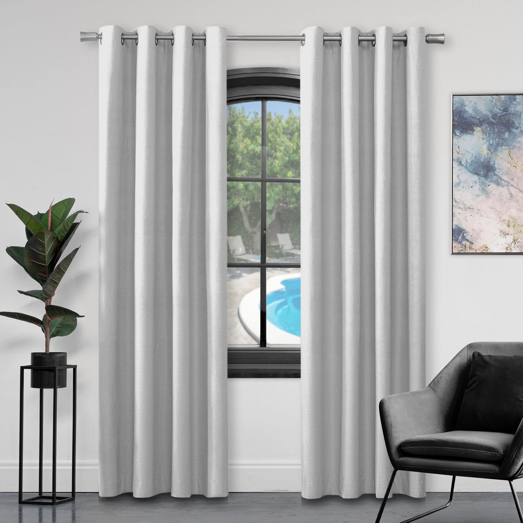 GC GAVENO CAVAILIA Eyelet Fully Lined Ring Top Curtain Pair With Tie Backs, Silver, 90X90 Inch Faux Silk Curtains