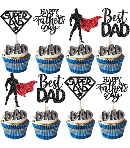 Vatertag Cupcake Topper – 24 Stück Mit Glitzer, Motive „Happy Father’s Day“, „My Hero Dad“, 4,9–11,9 Cm