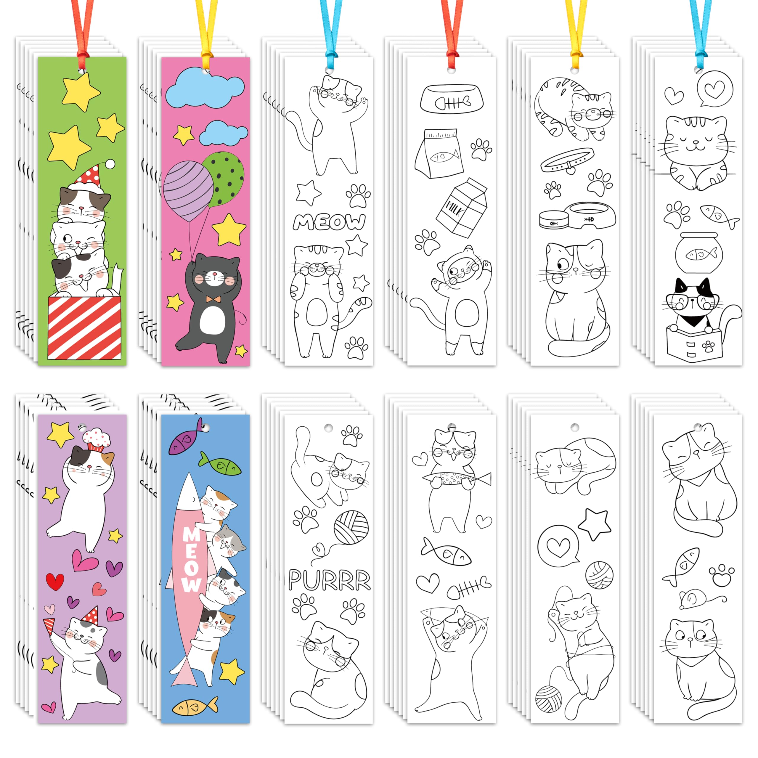 2ooya Cute Cats Coloring Bookmarks for Kids - 123Pcs Color Your Own Bookmarks, DIY Blank Paper Art Craft Kit for Student Classroom Activities Rewards, Reading Day, Creative Party Favour, Birthday Gift