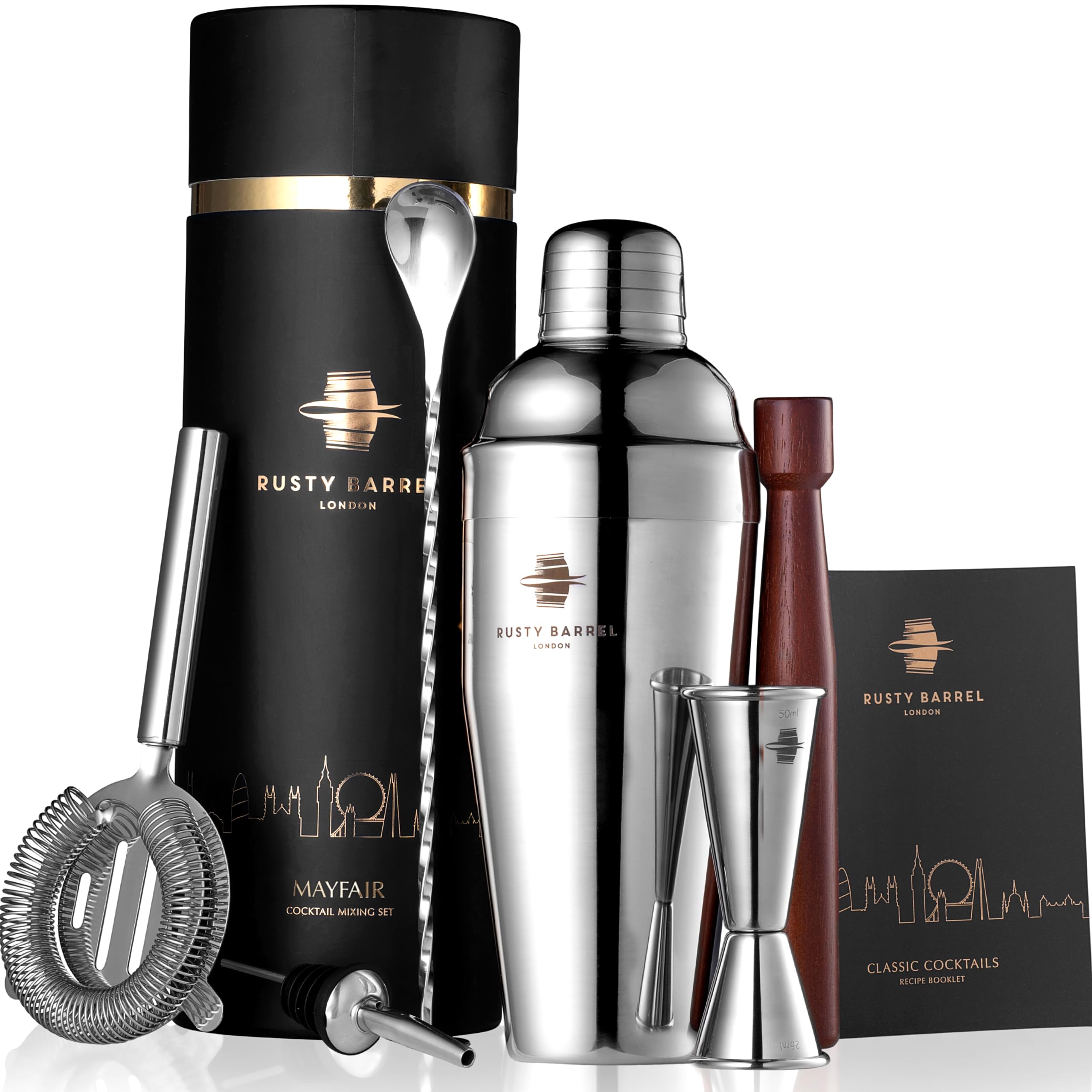 Rusty Barrel Cocktail Making Kit - Beautifully Presented Cocktail Shaker Set - Premium Cocktail Set with Cocktail Shaker and Bar Accessories for Home Pub - Cocktail Gift Set in a Beautiful Gift Box โ image 1
