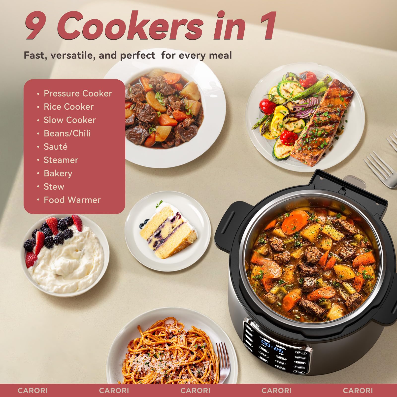 CARORI 9-in-1 Electric Pressure Cooker 6 Qt, Stainless Steel Inner Pot, Programmable 12 Multi-Function Cooker with Safe Vent Design, Rice Cook, Slow Cook, Sauté, Warmer & Sterilizer, Black