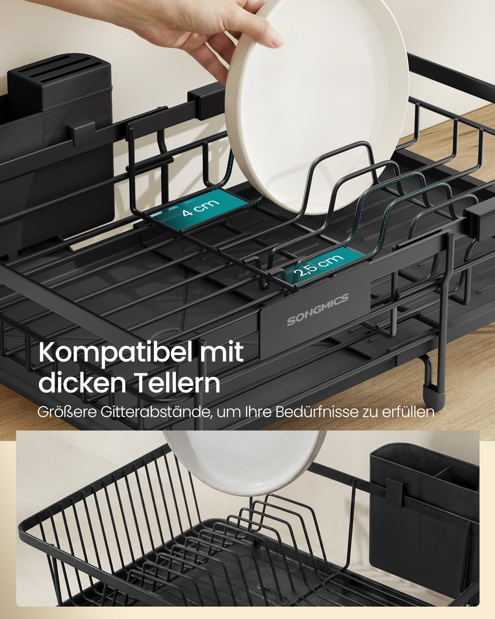 SONGMICS Abtropfgestell Geschirr, für kleine Räume, Geschirr-Abtropfständer ausziehbar, 360° drehbarer und ausziehbarer Ablauf, Stahl, (30,2-46,5) x 29,6 x 14 cm, tintenschwarz KCS556BH01 4