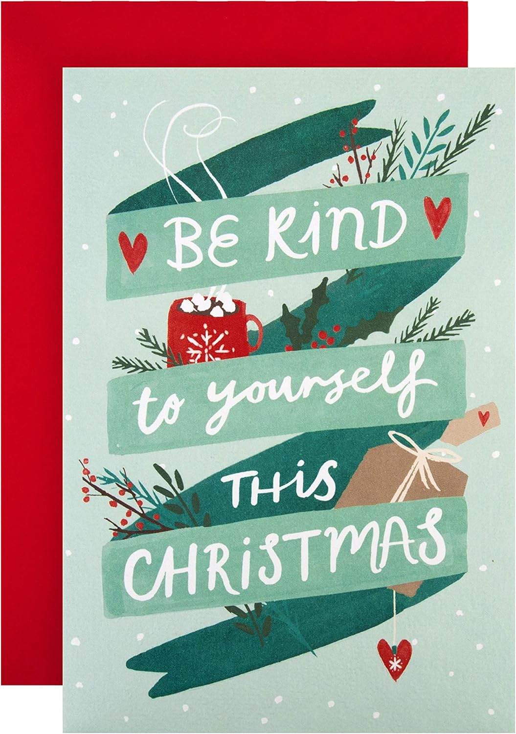Hallmark State of Kind Christmas Card - Contemporary Be Kind To Yourself Design, Green & Red, 17.3 cm by 11.9 cm