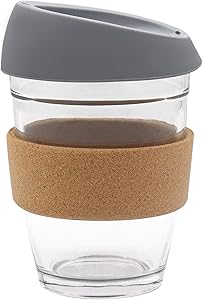 L'ifeager Reusable Coffee Travel Cup Toughened Glass Cup&Eco Friendly Cork sleeve Dishwasher and Microwave Safe BPA Free | 12oz | Christmas Birthday present (Grey)