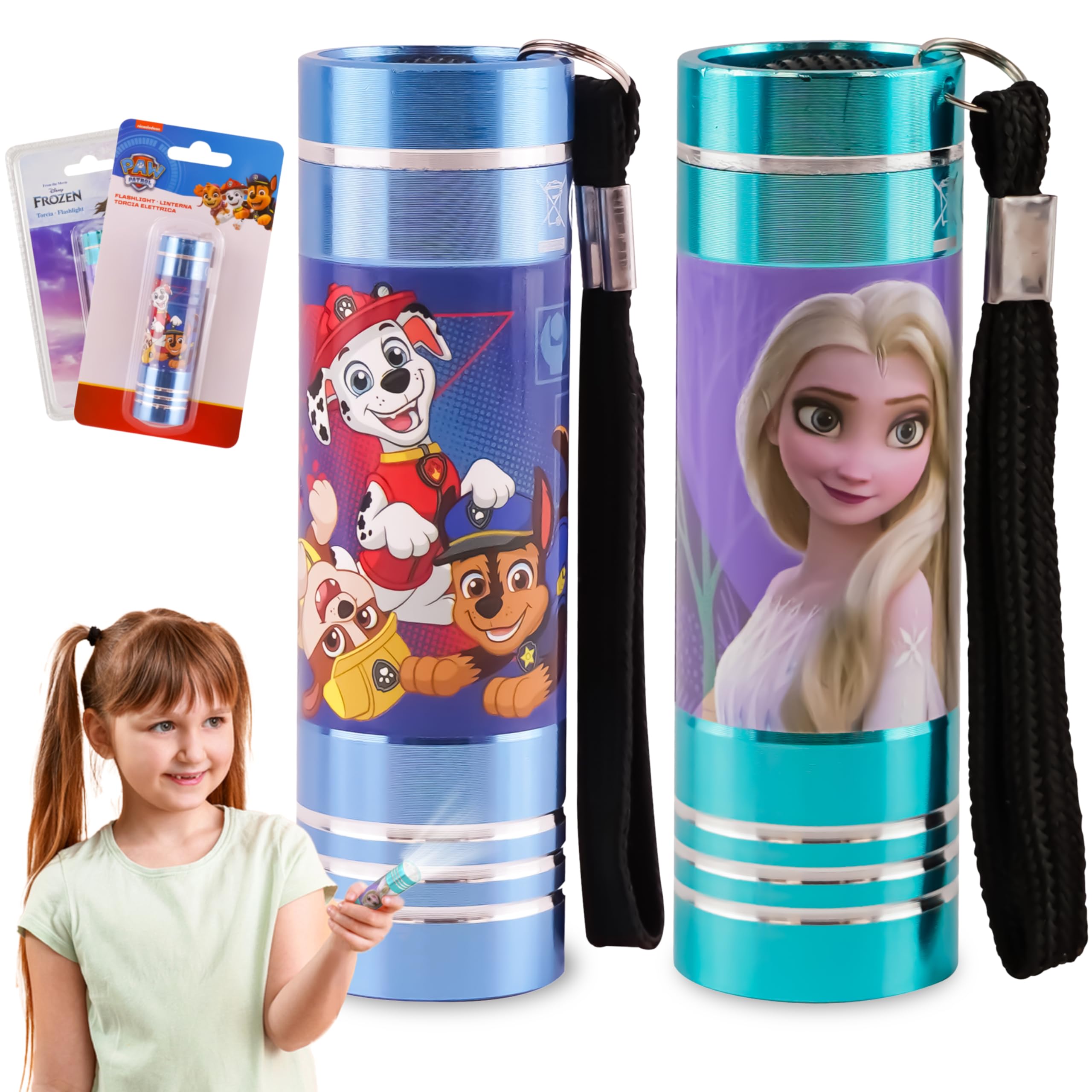 SRV Hub 2Pcs Children's Christmas Torches, Frozen and PAW Patrol LED Torch, Super Bright LED Aluminium Torches, Nightlights with Lanyard for Travel, Kids Xmas Flashlights Gift 3+ Years Size - 8.7cm