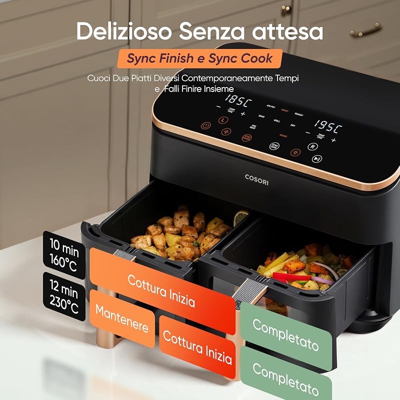Friggitrice ad Aria Doppio Cestello 8,5 Litri, Con Finestra, Oro