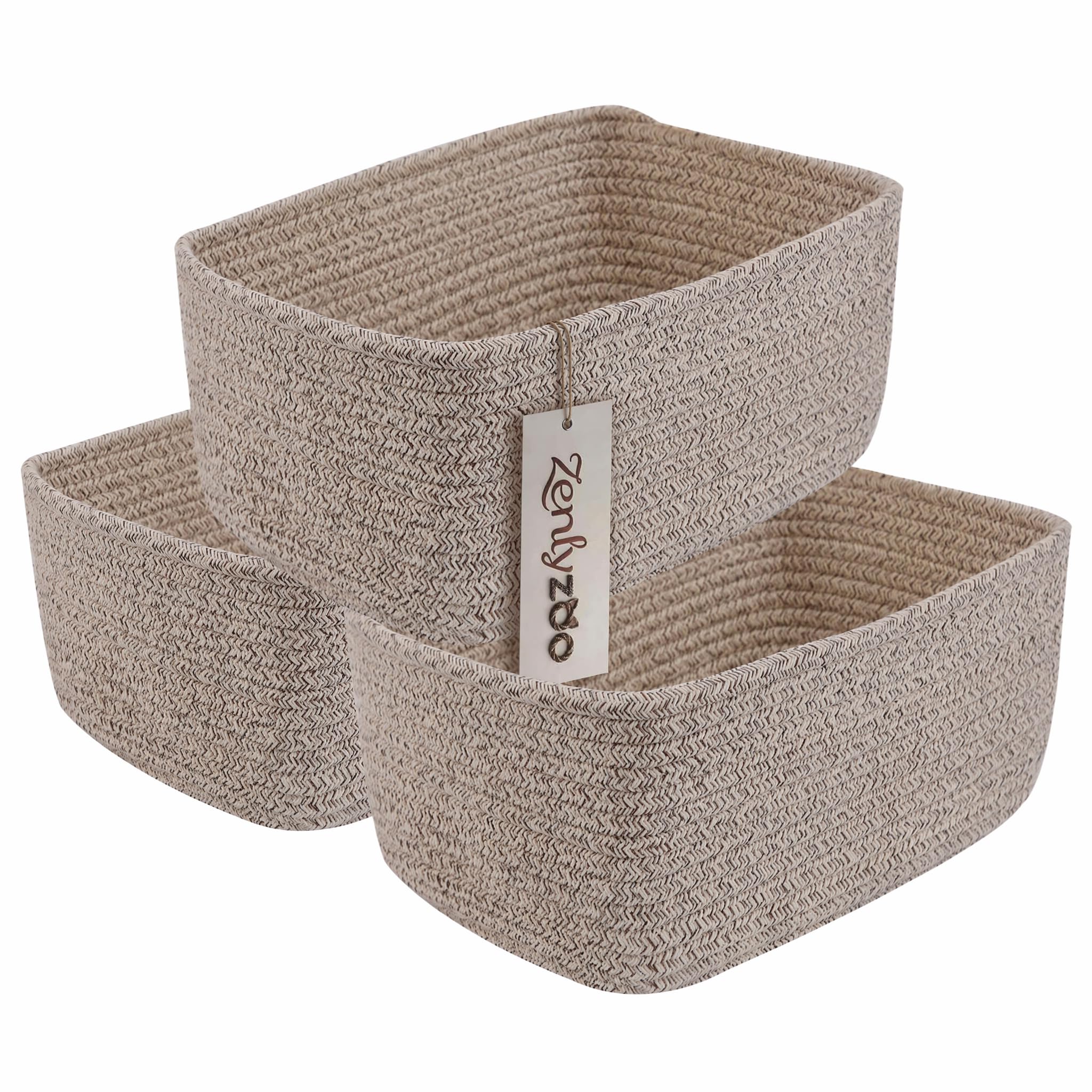 Zenlyzoo Small Woven Cotton Rope Storage Baskets, 3 Pack, 11.5x 7.5x4.7 in | Oatmeal; Machine Washable, Foldable and Collapsi
