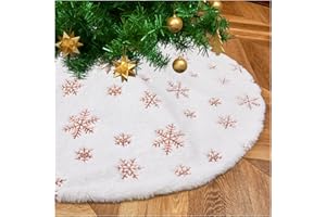 FANQISI Rose Gold Snowflakes Tree Skirt 24 Inches White Faux Fur Tree Skirts Mini Christmas Tree Skirts Soft Plush Tree Mat for Xmas Tree Decorations