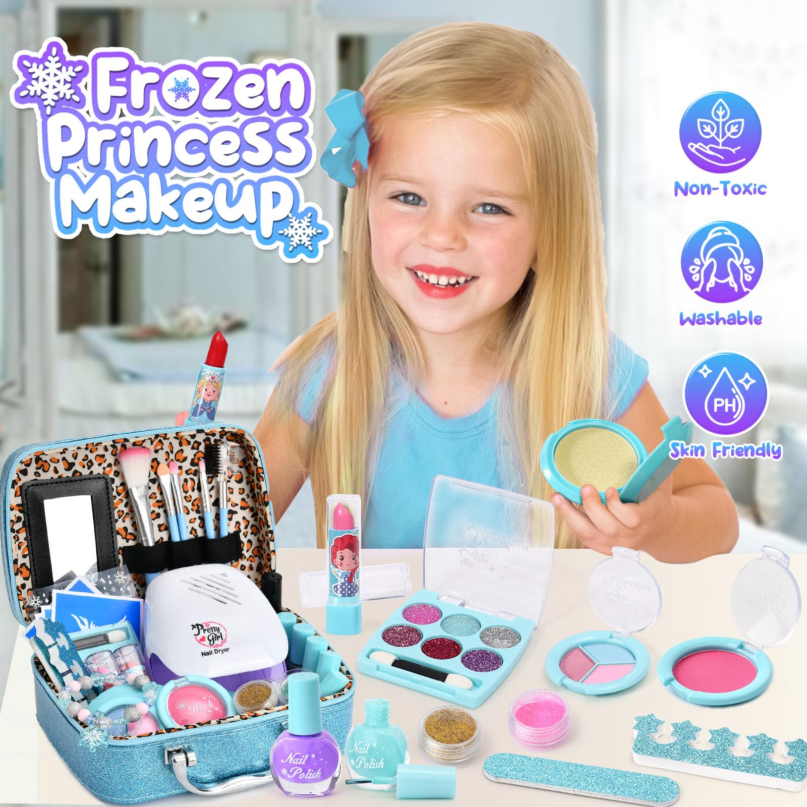 G.C ELSA Spielzeug Geschenke für Mädchen 4 5 6 7 8 Jahre, Kinderschminke Set mit Nageltrockner Peel-Off Nagellack Glitzer Tattoo, Eiskönigin Schminkkoffer Nagelstudio Rollenspiel Spielzeug Mädchen 5
