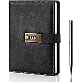 WEMATE Diary with Lock, A5 PU Leather Journal with Lock 240 Pages, Vintage Locks Journal Password Notebook with Pen, Locks Diary Planner Organizer for Men and Women, 8.6x5.8in Black