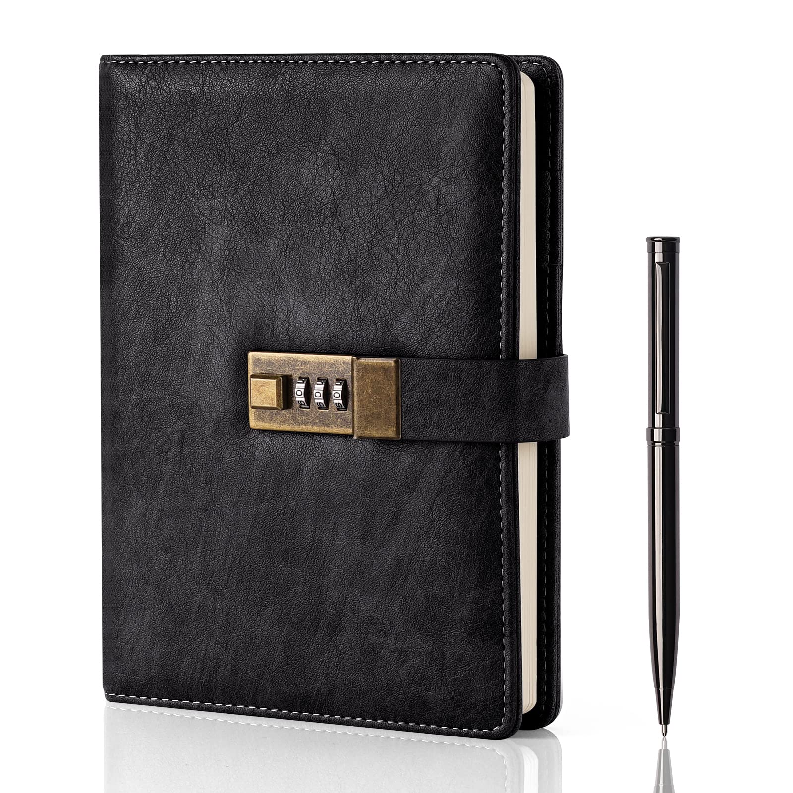 Photo 1 of WEMATE Diary with Lock, A5 PU Leather Journal with Lock 240 Pages, Vintage Locks Journal Password Notebook with Pen, Locks Diary Planner Organizer for Men and Women, 8.6x5.8in Black
