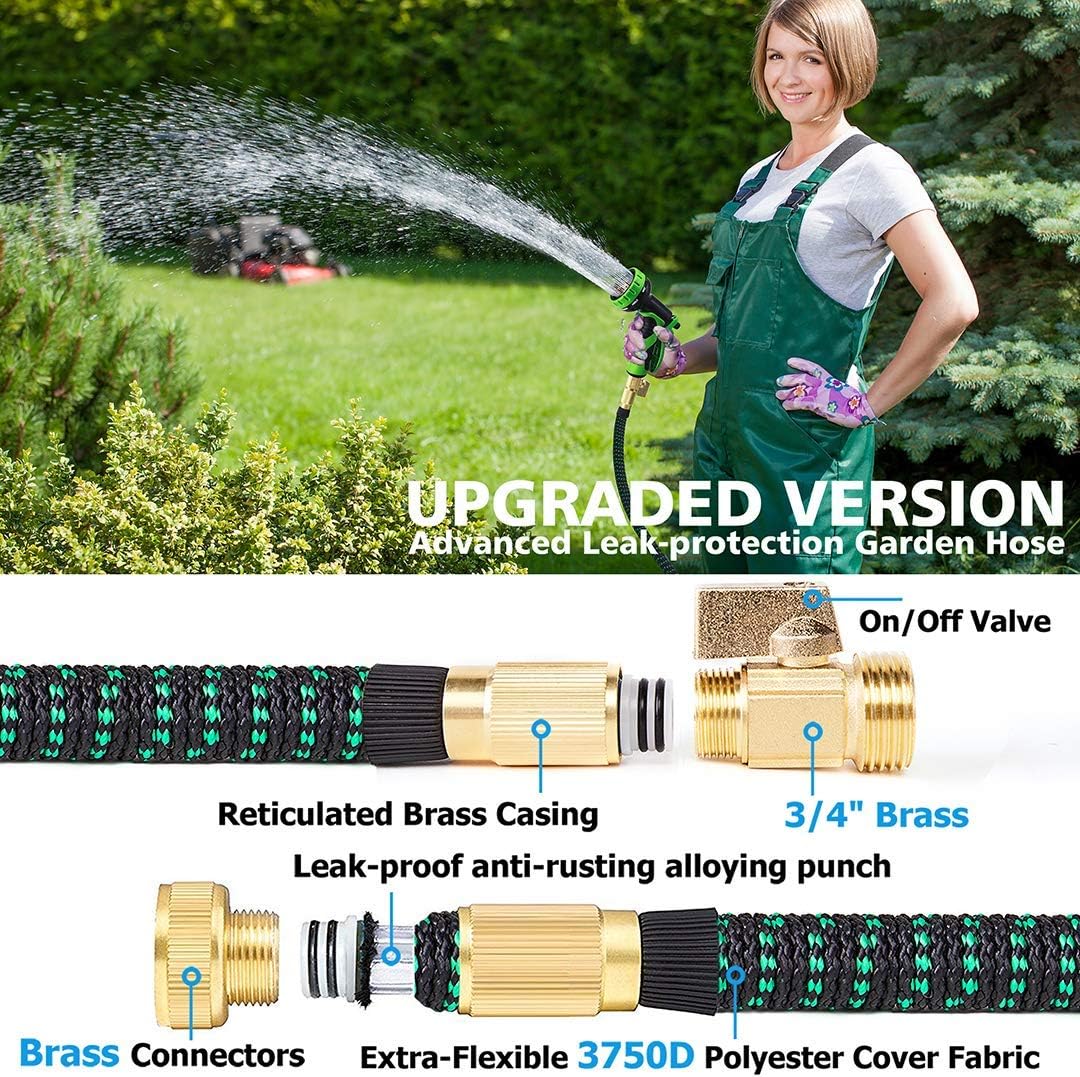 100 ft Expandable Garden Hose, Upgraded Leakproof Lightweight Garden Water Hose with 3/4" Solid Brass Fittings, Extra Strength 3750D Durable Gardening Flexible Hose, Expanding Garden Hoses Spray Nozzle … : Garden & Outdoor