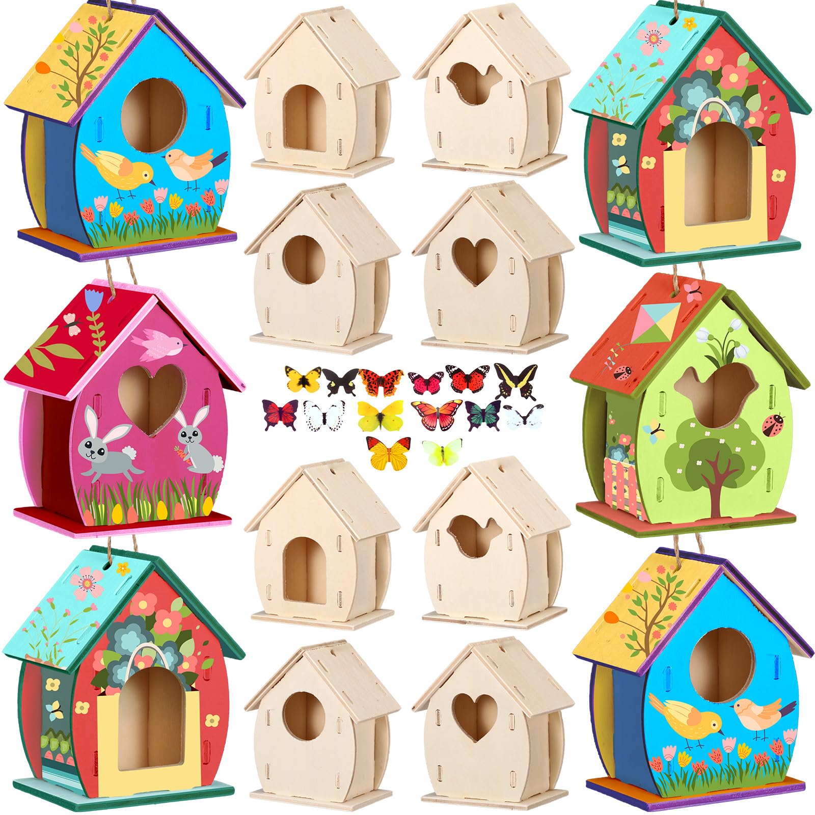 Photo 1 of Outus 24 Pcs Wooden DIY Birdhouse Kits for Kids to Build, 4 Shapes Birdhouse Kit Wooden Unfinished with Watercolor Pen and Butterfly Sticker for Boy Girl Arts Crafts(Cute)
