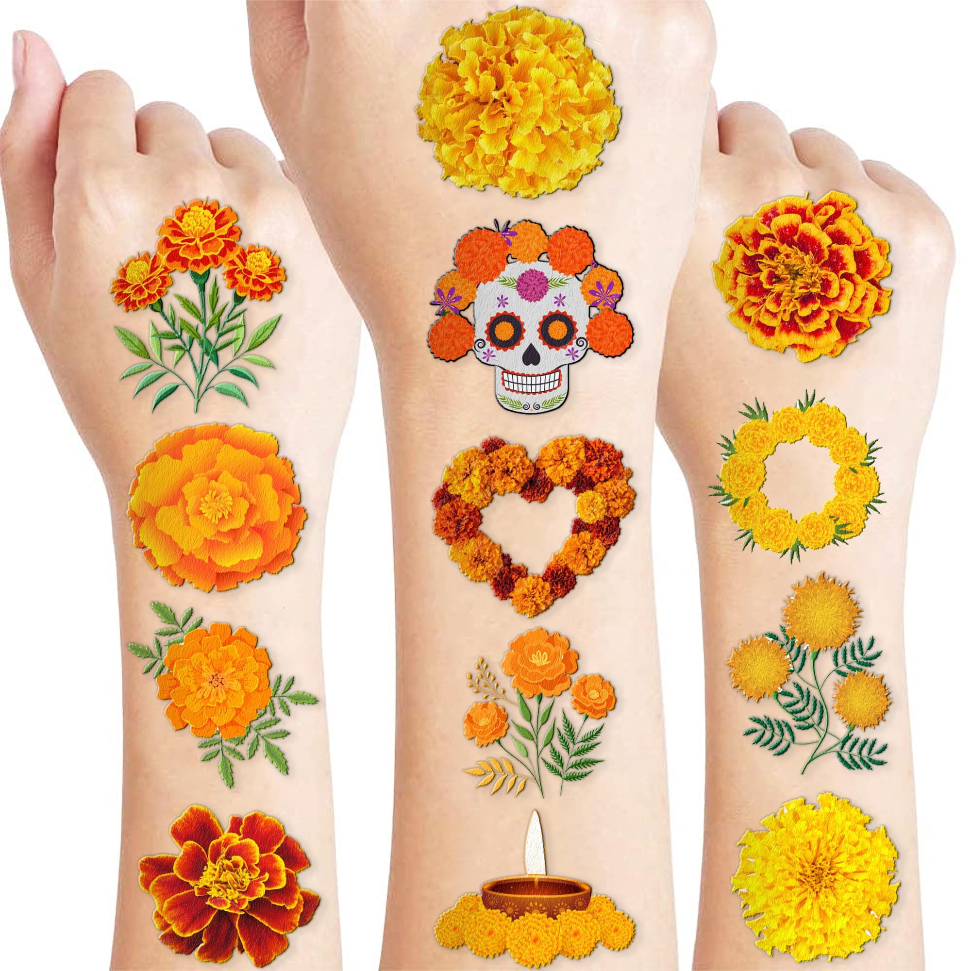 Photo 1 of 100 PCS Marigold Flower Temporary Tattoos Themed Birthday Party Decorations Favors Supplies Décor Mexico Dia de Los Muertos Day of The Dead Tattoo Stickers Gifts For Game Boys Girls Classroom School