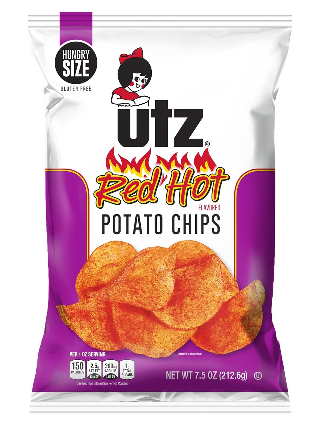 Utz Quality Foods Flavored Potato Chips 7.5 Ounce Hungry Size Bag (Red Hot, 3 Bags)