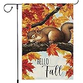 Hello Fall Garden Flag, Maple Tree Squirrel Garden Flags 12x18 Inch Double Sided Small Burlap Autumn Farmhouse Home Lawn Outside Thanksgiving Decoration