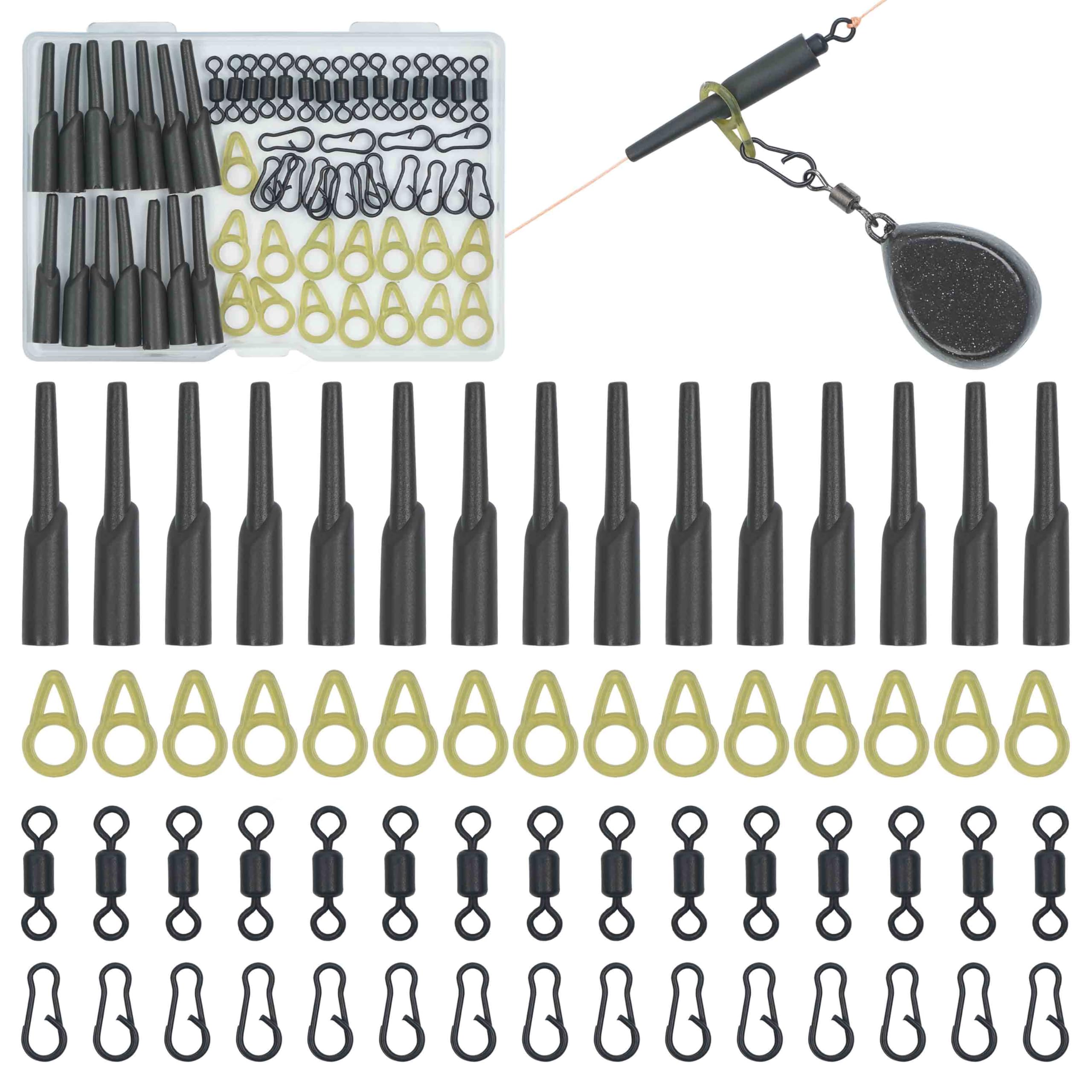 OROOTL Carp Fishing Bait Rigs Tackle Kit, 60pcs Fishing Swivel Speed Clips Connector Anti-Tangle Sleeves Tube Fishing Gear Carp Fishing Accessories