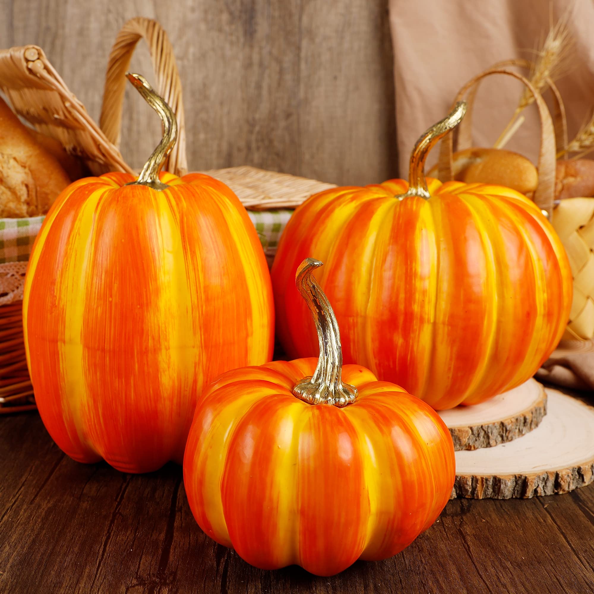 Photo 1 of winemana 3 Pcs Thanksgiving Decorations Large Artificial Pumpkins, Orange Rustic Tabletop Centerpieces, Friendsgiving Decorations for Home Kitchen Table Fall Harvest Season