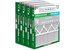 Filterbuy 20x25x5 Air Filter MERV 8 Essential Dust & Allergy Defense (4-Pack), Pleated HVAC AC Furnace Filters for Honeywell FC100A1037, Lennox X6673, and More (Actual Size: 19.88 x 24.75 x 4.38)