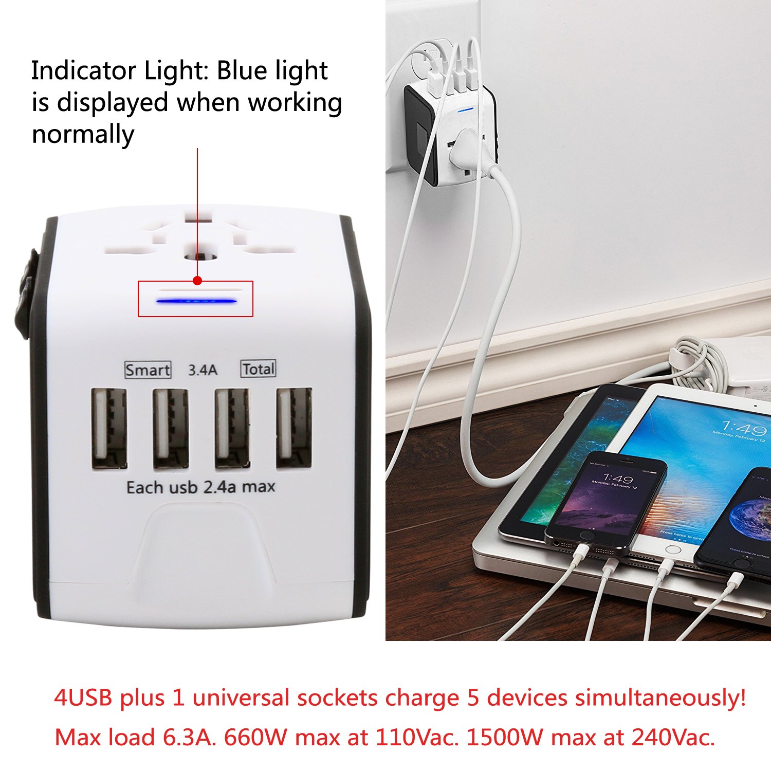 Universal Travel Adapter - 4 USB 3400mA MAX Wolrd Travel Adapter for iPhone iPad Laptop Android Phone Shaver Cameras etc - Plug Adapter Charger for US UK EU AU etc - Covers over 150 Countries (White)