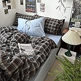 mixinni Vintage Brown &amp; Blue Buffalo Plaid Duvet Cover Set Twin XL Size - 3 Piece Washed Cotton Bedding Set with Grid Pattern, Soft &amp; Breathable Duvet Cover with Pillowcases for Boys, Men&amp; Women