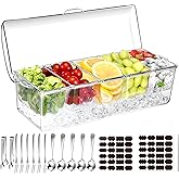 BLIVORRA Large Ice Chilled Condiment Server Caddy with 5 Removable Compartments (2.5 Cup), Clear Garnish Tray with Lids – Fruit, Salad, Taco, Bar Platter – Including Free Stainless Steel Accesories