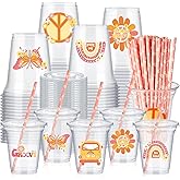Boao 36 Sets Groovy Party Cups with Lids and Paper Straws 14 oz Retro Birthday Party Supplies Favors Decorations Hippie Boho Disposable Clear Plastic Cups Bulk Daisy Flower Favors