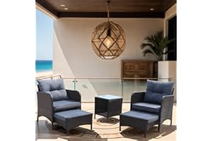 DIYART 5 Piece Grey Patio Conversation Set, Patio Lounge Chairs Set of 2, Rattan Chairs with Cushions and Ottoman, Patio Furniture for Pool, Garden, Balcony