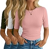 Riyiper 3 Pack Women's Half Sleeve Tops, Elbow Length Ribbed Cotton T Shirt Crew Neck Summer Tee Slim Fit Casual Blouses