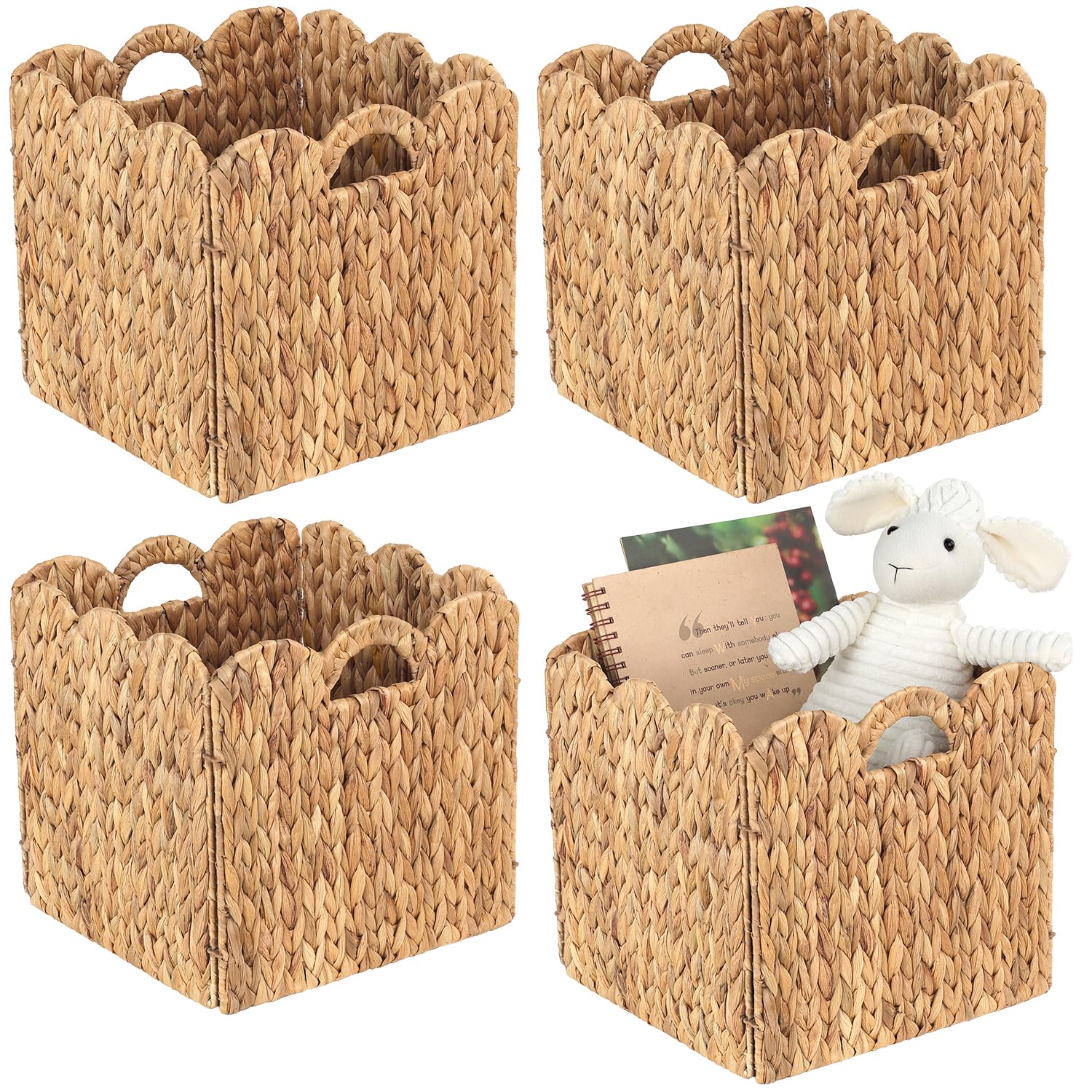 Photo 1 of Set of 4 Foldable Scalloped Water Hyacinth Storage Cubes Basket, Storage Cube Bins -12"x12"x12", Collapsible Cube Organizers, Water Hyacinth Woven Bins for Bathroom, Bedroom, Laundry, Pantry, Shelves