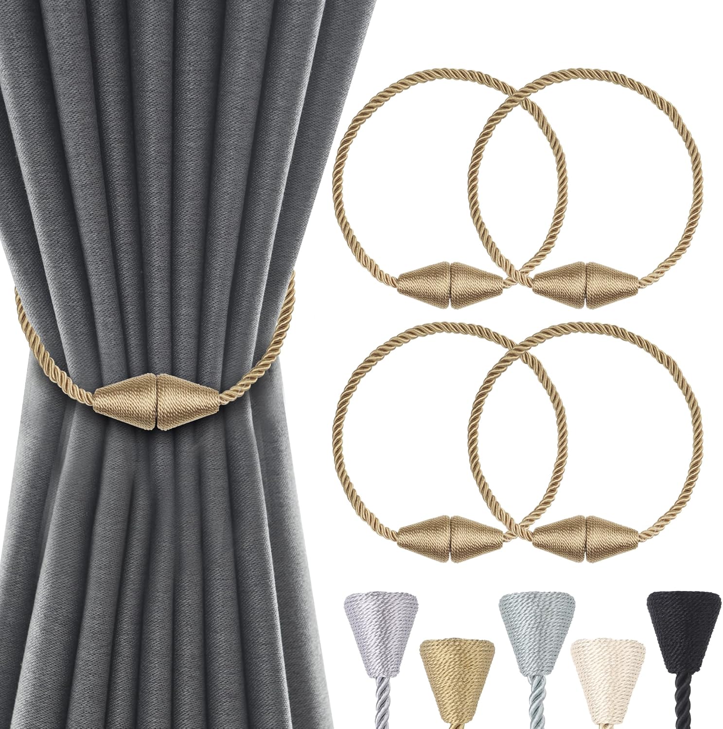 Window Treatment Hardware - Groleca 4 Pack Magnetic Curtain Tiebacks Curtain Holdbacks Curtain Ties Curtain Pull Backs Modern Rope Tiebacks Drapery Holdbacks Tie Backs for Curtains (Gold,Cone-4 PCS)