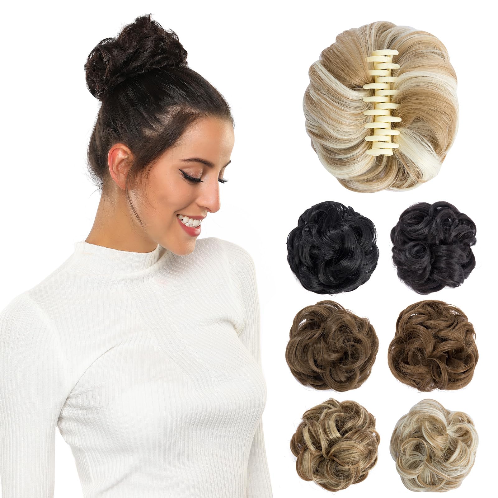 Yamel Messy Bun Hair Pieces for Women Claw Clip Hair Bun Extension Dark Ash Blonde mix Bleach Blonde Tousled Space Updo Synthetic Donut Curly Scrunchie