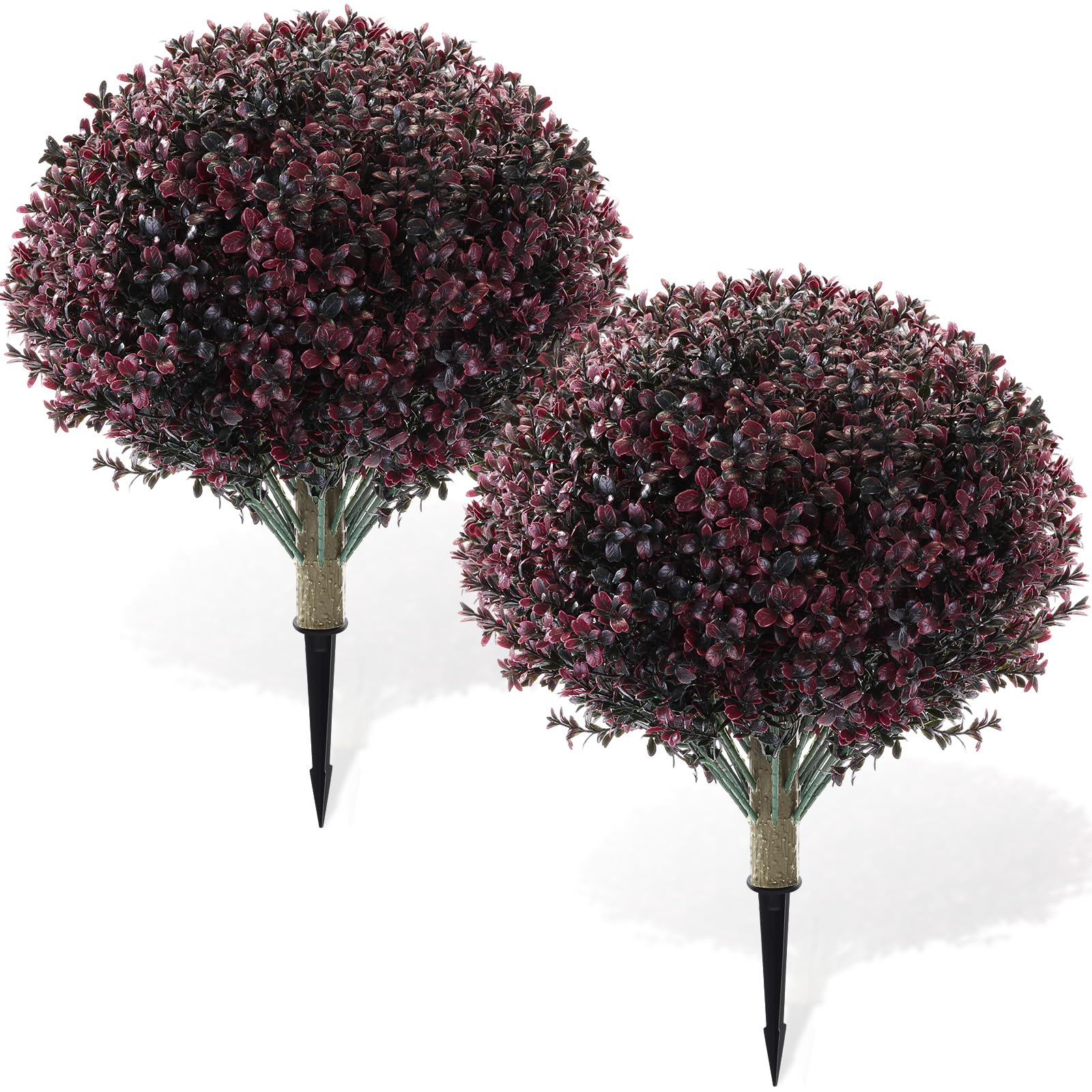 Photo 1 of Yunlly 2 Pack 18" Artificial Boxwood Ball Bush Topiary Trees Fake Outdoor Plants, Realistic UV Resistance Faux Shrubs with Spike Greenery Topiary for Front Porch Garden Yard Patio Indoor (Dark Purple)