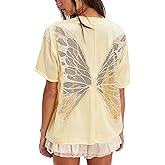 Women Sheer Butterfly T Shirt Short Sleeve Cut Out Back Tee Top Embroidered Oversized Tee Shirts Streetwear