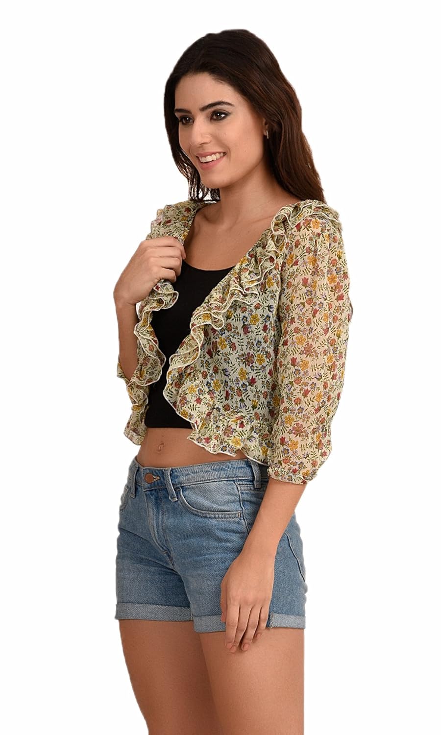 the gud look women's multi floral frilled shrug